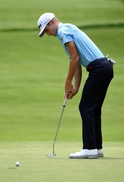 Will Zalatoris putts on the fourth green during the third round of the Rocket Mortgage Classic on July 03, 2021 at the Detroit Golf Club in Detroit,...