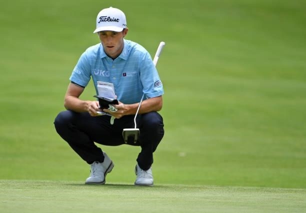 Will Zalatoris lines up a putt on the fourth green during the third round of the Rocket Mortgage Classic on July 03, 2021 at the Detroit Golf Club in...