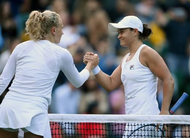 Ashleigh Barty of Australia shakes hands with Katerina Siniakova of The Czech Republic after winning their Ladies' Singles third Round match during...