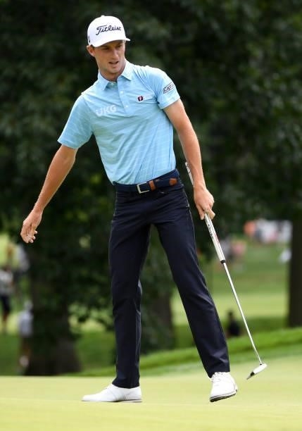 Will Zalatoris reacts to a missed putt on the fifth green during the third round of the Rocket Mortgage Classic on July 03, 2021 at the Detroit Golf...