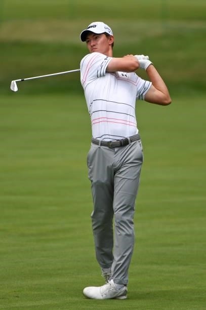 Maverick McNealy plays a shot on the sixth hole during the third round of the Rocket Mortgage Classic on July 03, 2021 at the Detroit Golf Club in...