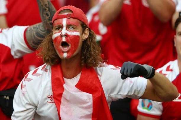 Fan from Denmark cheers on his team during the UEFA Euro 2020 Championship Quarter-final match between Czech Republic and Denmark at Baku Olimpiya...