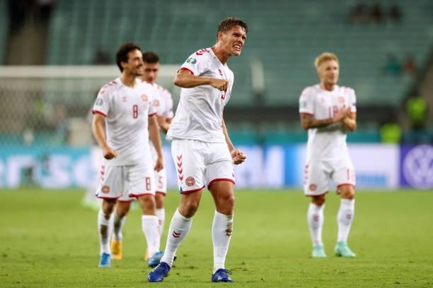 Jannik Vestergaard of Denmark celebrates after victory in the UEFA Euro 2020 Championship Quarter-final match between Czech Republic and Denmark at...