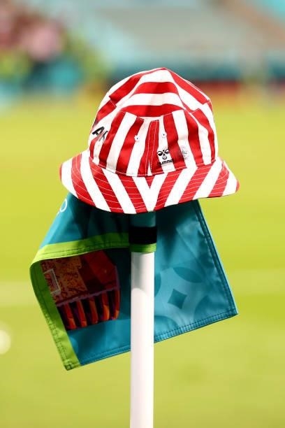 Hat from a Denmark fan is seen on the corner flag after the UEFA Euro 2020 Championship Quarter-final match between Czech Republic and Denmark at...