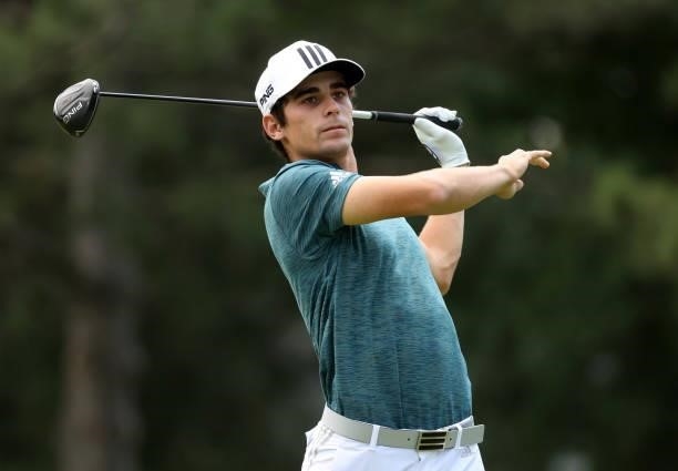 Joaquin Niemann of Chile plays his shot from the fourth tee during the third round of the Rocket Mortgage Classic on July 03, 2021 at the Detroit...