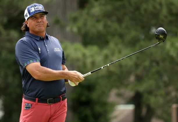 Pat Perez plays his shot from the fourth tee during the third round of the Rocket Mortgage Classic on July 03, 2021 at the Detroit Golf Club in...