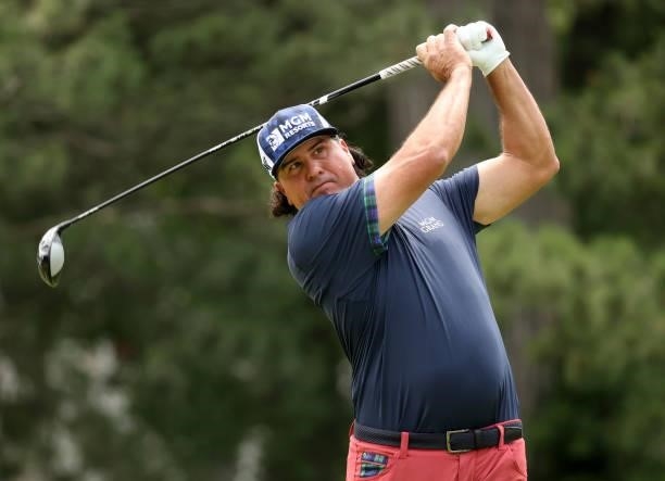 Pat Perez plays his shot from the fourth tee during the third round of the Rocket Mortgage Classic on July 03, 2021 at the Detroit Golf Club in...