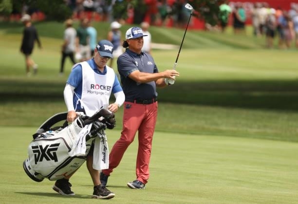 Pat Perez prepares to play his shot on the third hole during the third round of the Rocket Mortgage Classic on July 03, 2021 at the Detroit Golf Club...