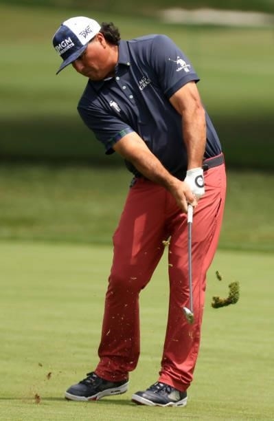 Pat Perez plays his shot on the third hole during the third round of the Rocket Mortgage Classic on July 03, 2021 at the Detroit Golf Club in...