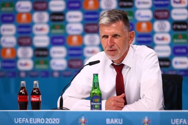 In this handout picture provided by UEFA, Jaroslav Silhavy, Head Coach of Czech Republic speaks to the media during the Czech Republic Press...