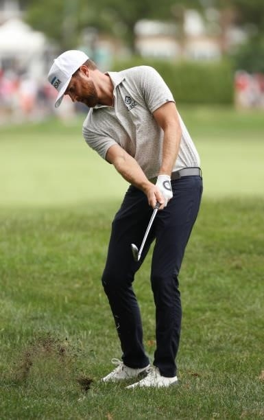 Chris Kirk plays his second shot on the third hole during the third round of the Rocket Mortgage Classic on July 03, 2021 at the Detroit Golf Club in...