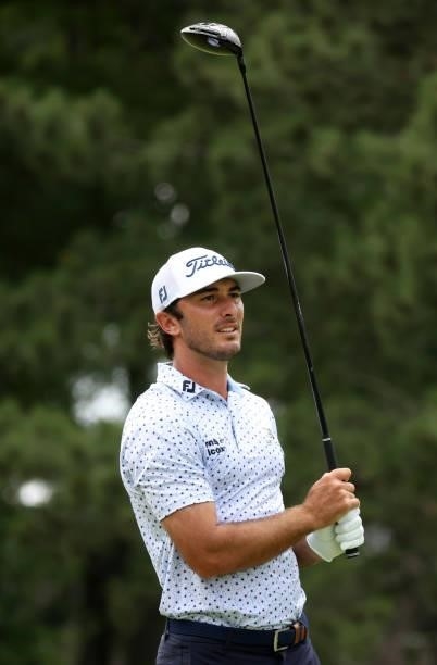 Max Homa plays his shot from the fourth tee during the third round of the Rocket Mortgage Classic on July 03, 2021 at the Detroit Golf Club in...
