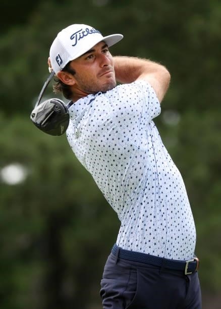 Max Homa plays his shot from the fourth tee during the third round of the Rocket Mortgage Classic on July 03, 2021 at the Detroit Golf Club in...