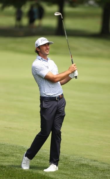 Max Homa plays his shot on the third hole during the third round of the Rocket Mortgage Classic on July 03, 2021 at the Detroit Golf Club in Detroit,...