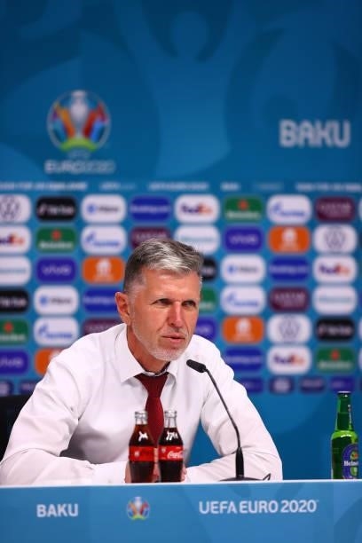 In this handout picture provided by UEFA, Jaroslav Silhavy, Head Coach of Czech Republic speaks to the media during the Czech Republic Press...