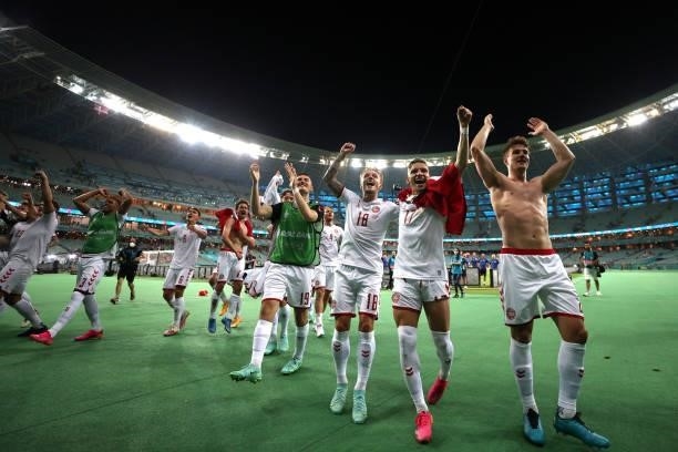 Daniel Wass and Jens Stryger Larsen of Denmark celebrates their side's victory after the UEFA Euro 2020 Championship Quarter-final match between...