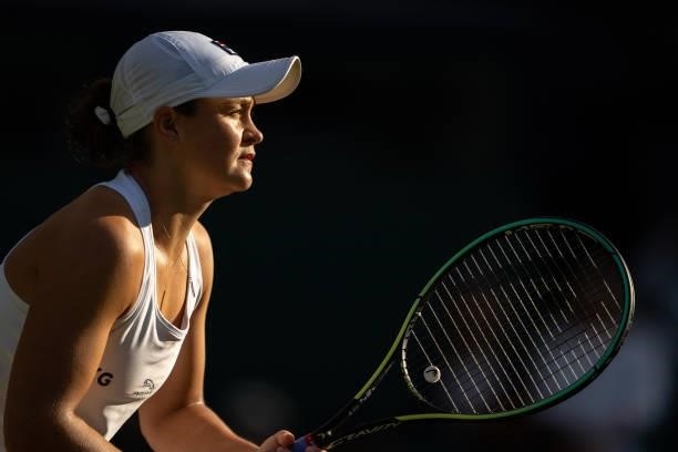 Ashleigh Barty of Australia looks on during her Ladies' Singles third Round match against Katerina Siniakova of The Czech Republic during Day Six of...