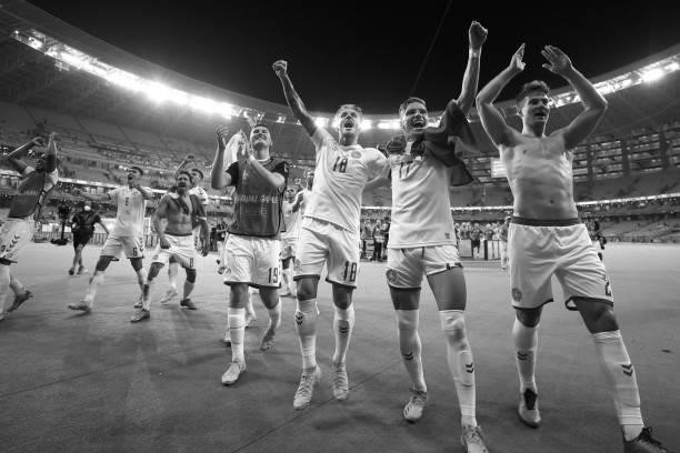 Daniel Wass and Jens Stryger Larsen of Denmark celebrates their side's victory after the UEFA Euro 2020 Championship Quarter-final match between...