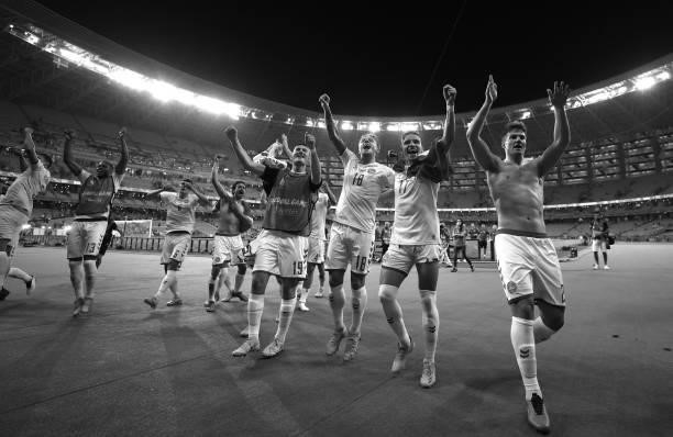 Players of Denmark celebrate their side's victory after the UEFA Euro 2020 Championship Quarter-final match between Czech Republic and Denmark at...