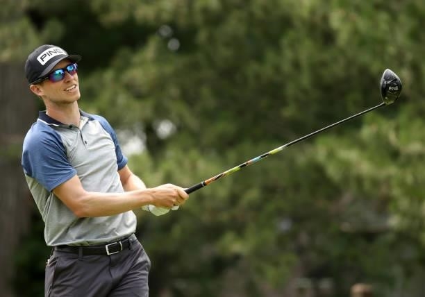 Brandon Hagy plays his shot from the fourth tee during the third round of the Rocket Mortgage Classic on July 03, 2021 at the Detroit Golf Club in...