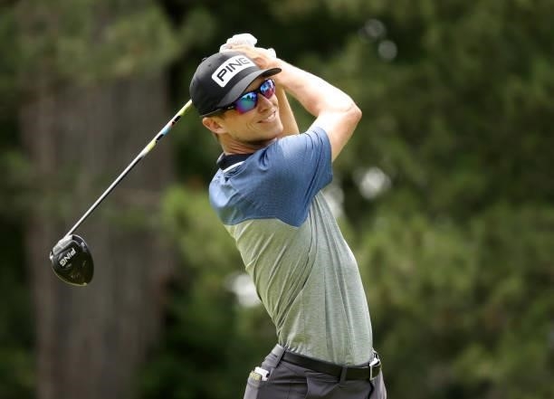 Brandon Hagy plays his shot from the fourth tee during the third round of the Rocket Mortgage Classic on July 03, 2021 at the Detroit Golf Club in...