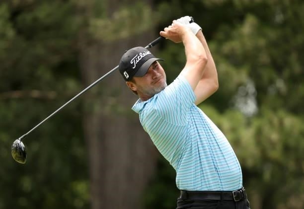 Sean O'Hair plays his shot from the fourth tee during the third round of the Rocket Mortgage Classic on July 03, 2021 at the Detroit Golf Club in...