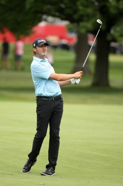 Sean O'Hair plays his shot on the third hole during the third round of the Rocket Mortgage Classic on July 03, 2021 at the Detroit Golf Club in...