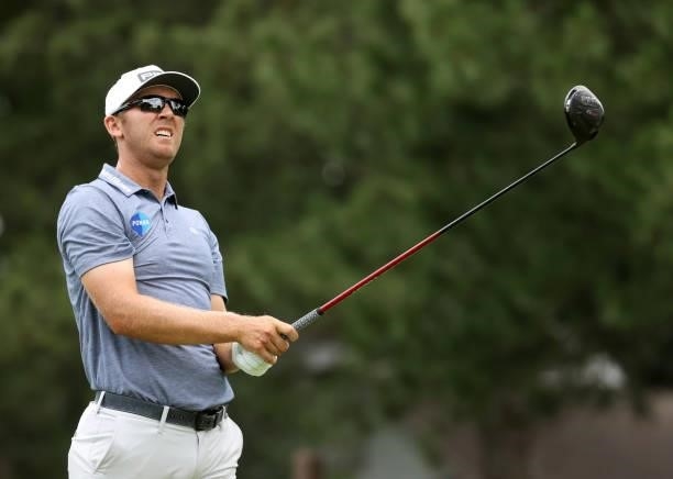 Seamus Power or Ireland plays his shot from the fourth tee during the third round of the Rocket Mortgage Classic on July 03, 2021 at the Detroit Golf...