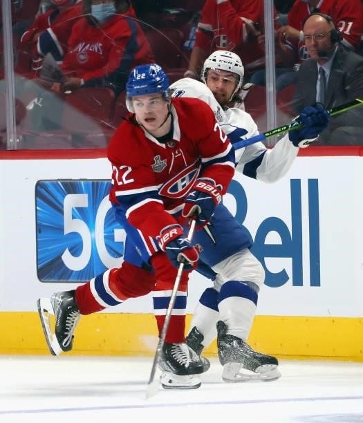 Cole Caufield of the Montreal Canadiens skates against the Tampa Bay Lightning during Game Three of the 2021 NHL Stanley Cup Final at the Bell Centre...