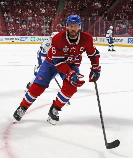 Shea Weber of the Montreal Canadiens skates against the Tampa Bay Lightning during Game Three of the 2021 NHL Stanley Cup Final at the Bell Centre on...