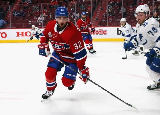 Erik Gustafsson of the Montreal Canadiens skates against the Tampa Bay Lightning during Game Three of the 2021 NHL Stanley Cup Final at the Bell...