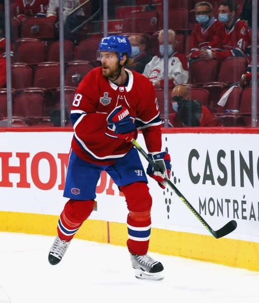 Jon Merrill of the Montreal Canadiens skates against the Tampa Bay Lightning during Game Three of the 2021 NHL Stanley Cup Final at the Bell Centre...