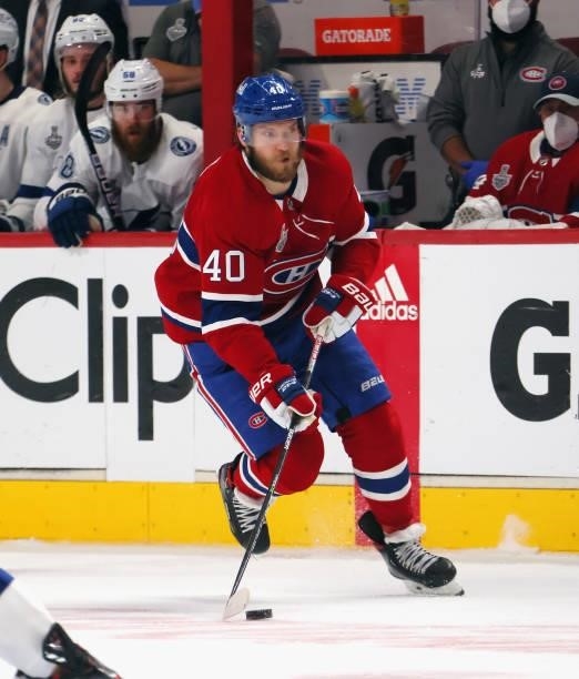 Joel Armia of the Montreal Canadiens skates against the Tampa Bay Lightning during Game Three of the 2021 NHL Stanley Cup Final at the Bell Centre on...