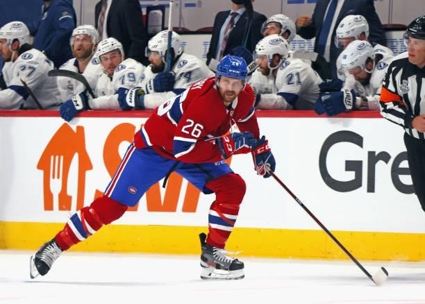 Jeff Petry of the Montreal Canadiens skates against the Tampa Bay Lightning during Game Three of the 2021 NHL Stanley Cup Final at the Bell Centre on...