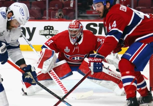 Carey Price of the Montreal Canadiens skates against the Tampa Bay Lightning during Game Three of the 2021 NHL Stanley Cup Final at the Bell Centre...