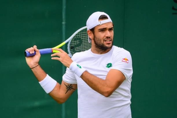 Mateo Berrettini of Italy hits a forehand against Aljaz Bedene of Slovenia in the third round of the gentlemen's singles during Day Six of The...