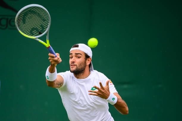 Mateo Berrettini of Italy hits a forehand against Aljaz Bedene of Slovenia in the third round of the gentlemen's singles during Day Six of The...