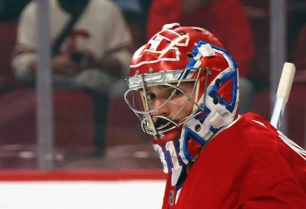 Carey Price of the Montreal Canadiens skates in warm-ups prior to the game against the Tampa Bay Lightning in Game Three of the 2021 NHL Stanley Cup...