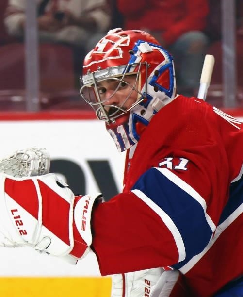 Carey Price of the Montreal Canadiens skates in warm-ups prior to the game against the Tampa Bay Lightning in Game Three of the 2021 NHL Stanley Cup...