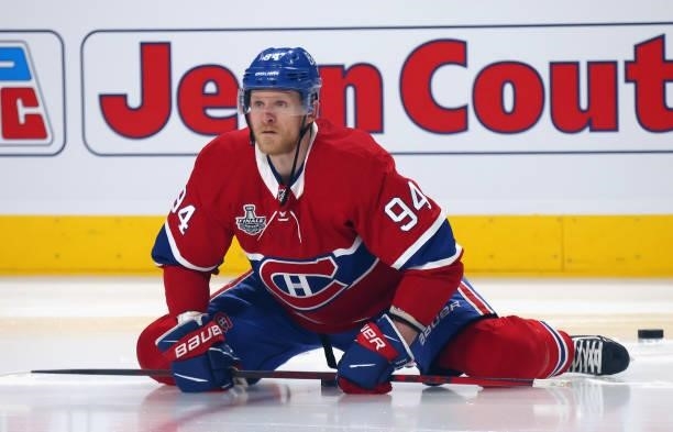 Corey Perry of the Montreal Canadiens skates in warm-ups prior to the game against the Tampa Bay Lightning in Game Three of the 2021 NHL Stanley Cup...