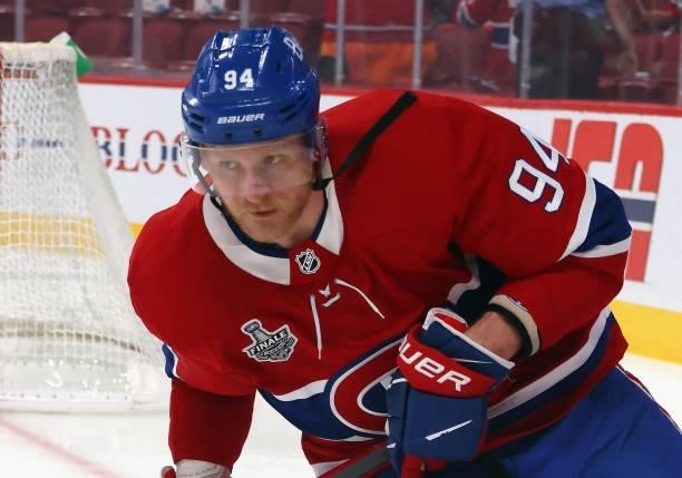 Corey Perry of the Montreal Canadiens skates in warm-ups prior to the game against the Tampa Bay Lightning in Game Three of the 2021 NHL Stanley Cup...