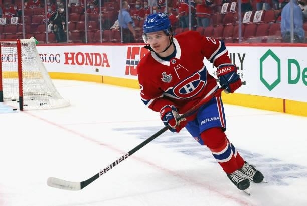 Cole Caufield of the Montreal Canadiens skates in warm-ups prior to the game against the Tampa Bay Lightning in Game Three of the 2021 NHL Stanley...