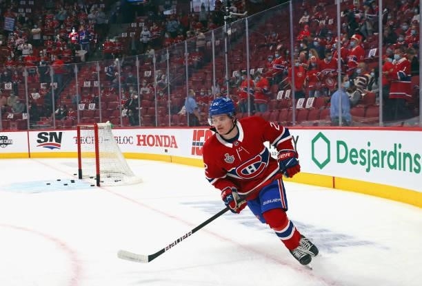 Cole Caufield of the Montreal Canadiens skates in warm-ups prior to the game against the Tampa Bay Lightning in Game Three of the 2021 NHL Stanley...