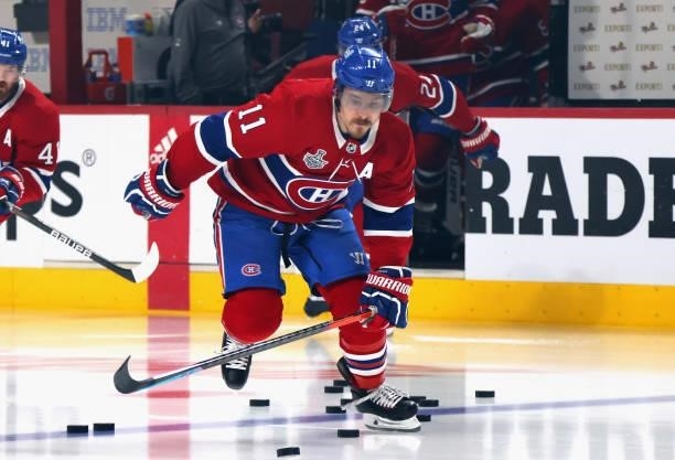 Brendan Gallagher of the Montreal Canadiens skates in warm-ups prior to the game against the Tampa Bay Lightning in Game Three of the 2021 NHL...