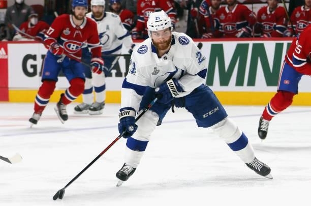 Brayden Point of the Tampa Bay Lightning skates against the Montreal Canadiens during Game Three of the 2021 NHL Stanley Cup Final at the Bell Centre...