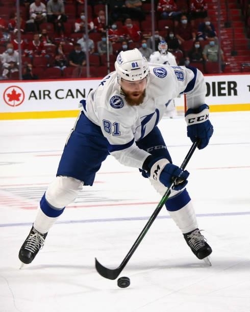 Erik Cernak of the Tampa Bay Lightning skates against the Montreal Canadiens during Game Three of the 2021 NHL Stanley Cup Final at the Bell Centre...