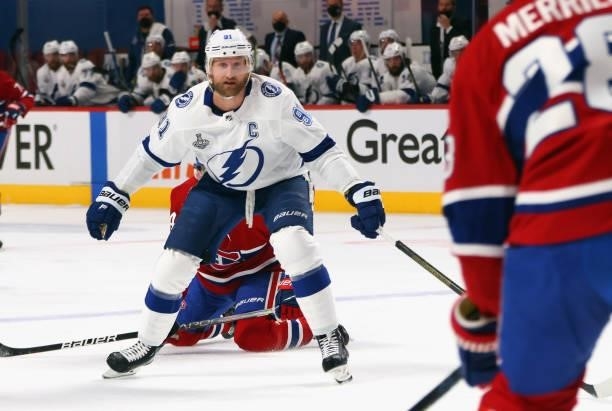 Steven Stamkos of the Tampa Bay Lightning skates against the Montreal Canadiens during Game Three of the 2021 NHL Stanley Cup Final at the Bell...