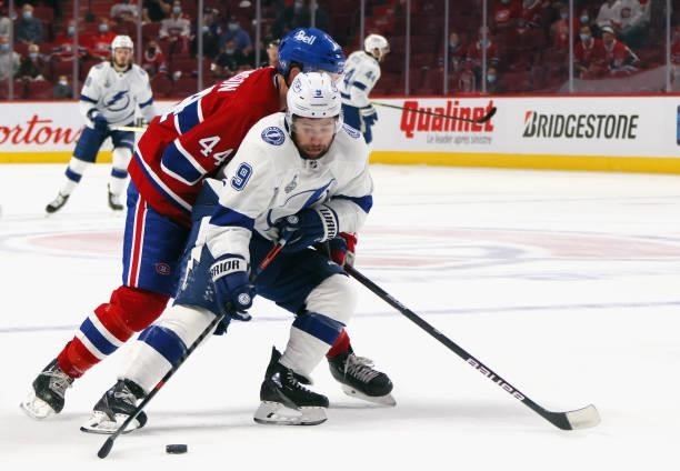 Tyler Johnson of the Tampa Bay Lightning skates against the Montreal Canadiens during Game Three of the 2021 NHL Stanley Cup Final at the Bell Centre...