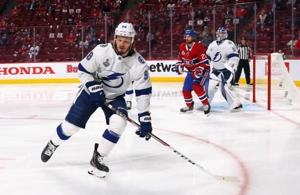 Mikhail Sergachev of the Tampa Bay Lightning skates against the Montreal Canadiens during Game Three of the 2021 NHL Stanley Cup Final at the Bell...