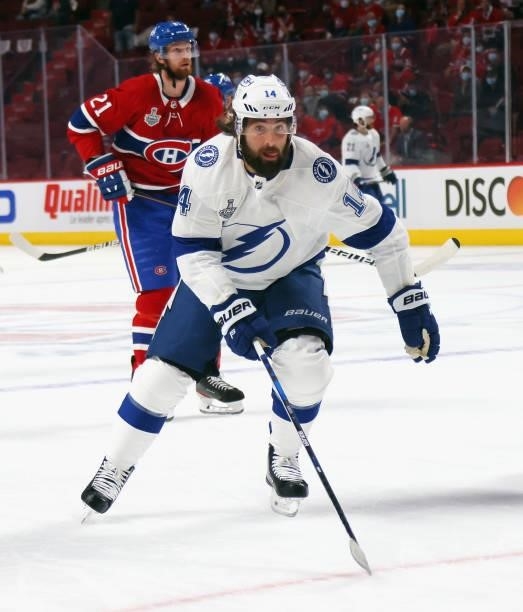 Pat Maroon of the Tampa Bay Lightning skates against the Montreal Canadiens during Game Three of the 2021 NHL Stanley Cup Final at the Bell Centre on...